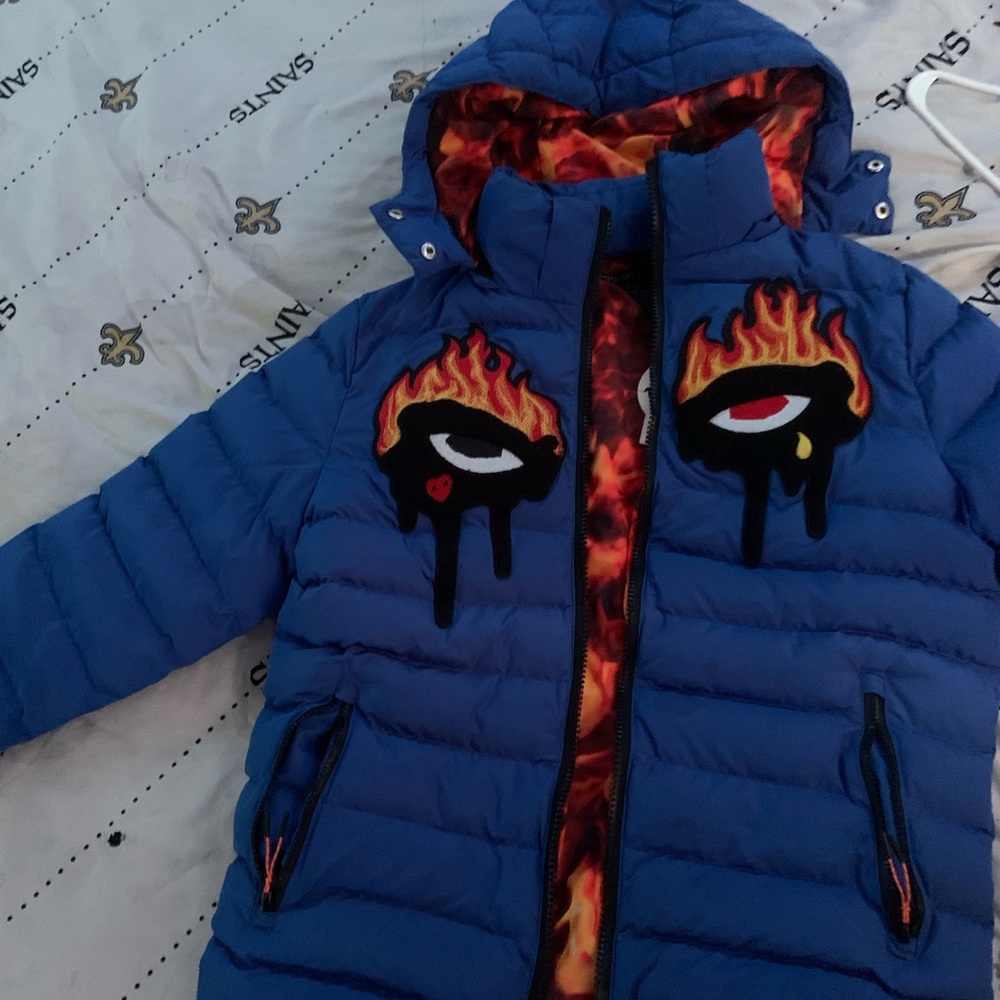 Blue Puffer Jacket with Flame Design